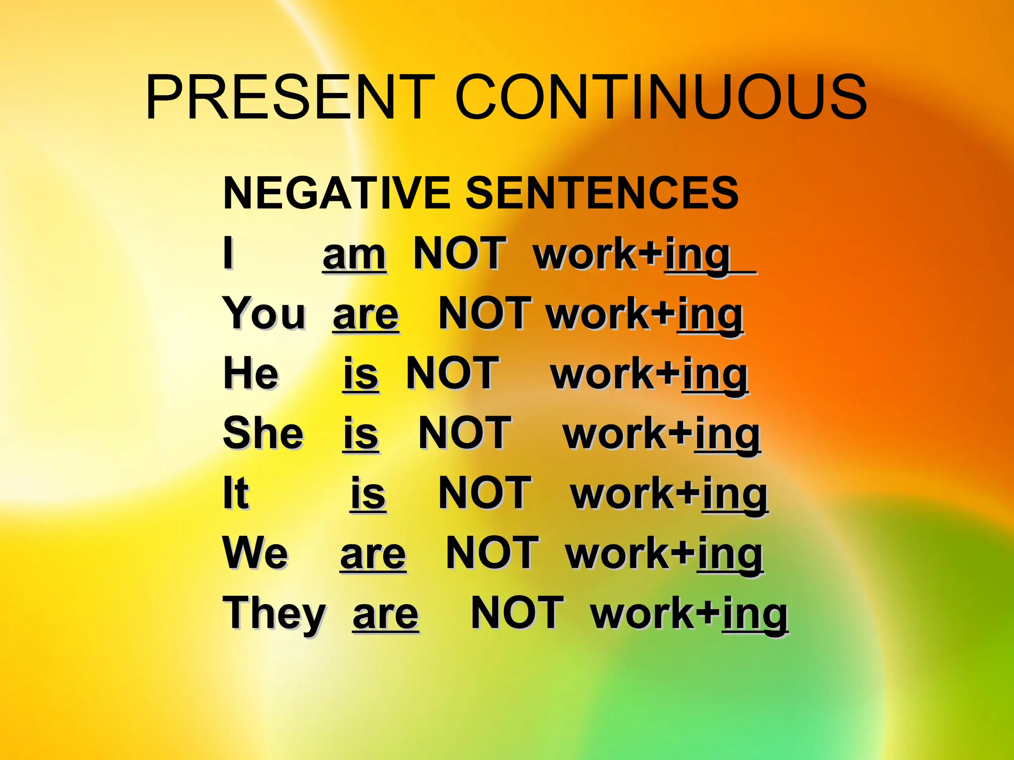 PRESENT CONTINUOUS
NEGATIVE SENTENCES
I
I am
am NOT work+
NOT work+ing
ing
You
You are
are NOT work+
NOT work+ing
ing
He
He is
is NOT work+
NOT work+ing
ing
She
She is
is NOT work+
NOT work+ing
ing
It
It is
is NOT work+
NOT work+ing
ing
We
We are
are NOT work+
NOT work+ing
ing
They
They are
are NOT work+
NOT work+ing
ing
 
