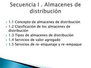  1.1 Concepto de almacenes de distribución
 1.2 Clasificación de los almacenes de
distribución
 1.3 Tipos de almacenes de distribución
 1.4 Servicios de valor agregado
 1.5 Servicios de re-etiquetaje y re-empaque
 