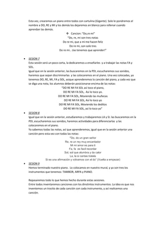Esta vez, crearemos un piano entre todos con cartulina (Gigante). Solo le pondremos el
nombre a DO, RE y MI y los demás los dejaremos en blanco para rellenar cuando
aprendan las demás.
 Cancion: “Do,re mi”
“Do, re, mi son tres notas
Do re mi, que a mi me hacen feliz
Do re mi, son solo tres
Do re mi.. ¡las tenemos que aprender!”
 SESION 7
Esta sesión será un poco corta, la dedicaremos a enseñarles y a trabajar las notas FA y
SOL.
Igual que en la sesión anterior, las buscaremos en la PDI, escucharemos sus sonidos,
haremos que sepan discriminarlas y las colocaremos en el piano. Una vez colocadas, ya
tenemos DO, RE, MI, FA y SOL, asique aprenderemos la canción del piano, y cada vez que
se diga una nota, los alumnos deberán posicionarse encima de las notas:
“DO RE MI FA SOL así toco el piano,
DO RE MI FA SOL, Así lo toco yo.
DO RE MI FA SOL, Moviendo las muñecas
DO RE MI FA SOL, Así lo toco yo
DO RE MI FA SOL, Moviendo los deditos
DO RE MI FA SOL, así lo toco yo”
 SESION 8
Igual que en la sesión anterior, estudiaremos y trabajaremos LA y SI. las buscaremos en la
PDI, escucharemos sus sonidos, haremos actividades para diferenciarlas y las
colocaremos en el piano.
Ya sabemos todas las notas, así que aprenderemos, igual que en la sesión anterior una
canción pero esta vez con todas las notas:
“Do, do un gran señor
Re, re un rey muy encantador
Mi mi amor es para ti
Fa, fa es facil recordar
Sol, sol que alumbra y da calor
La, la si cantas tralala
Si es una afirmación y volvamos con el do” (Vuelta a empezar)
 SESION 9
Hemos terminado nuestro piano. Lo colocamos en nuestro mural, y ya son tres los
instrumentos que tenemos: TAMBOR, ARPA y PIANO.
Repasaremos todo lo que hemos hecho durante estas sesiones.
Entre todos inventaremos canciones con los dinstintos instrumentos. La idea es que nos
inventemos un trocito de cada canción con cada instrumento, y así realicemos una
canción.
 