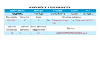 IDENTIFICACIÓN DE LA SECUENCIA DIDÁCTICA
Nombre del TBC Municipio Localidad Estado CCT
CHUBURNA PROGRESO CHUBURNA PTO Yucatán 31ETK0057J
Ciclo escolar Semestre Grupo Periodo de aplicación
2022-2023 5° A Del 5 de septiembre de
2022
al 31 de enero de 2022
Sesiones
semestrales
Sesiones
semanales
Horas de estudio
independiente
Docente:
46 3 24 JESÚS ARMANDO MORENO BOLÍVAR
 