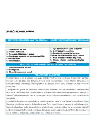 DIAGNÓSTICO DEL GRUPO
CONTEXTO INTERNO (DEL AULA Y LA ESCUELA) CONTEXTO EXTERNO (FAMILIA Y COMUNIDAD)
1.- Dimensiones del aula.
2.- Tipo de mobiliario.
3.- Recursos didácticos de apoyo.
4.- Número de aulas con las que cuenta el TBC.
5.- Instalaciones.
6.- Clima escolar.
1.- Tipo de comunidad (rural o urbana).
2.- Actividades Económicas.
3.- Descripción general del entorno.
4.- Nivel socio-económico de las familias.
5.- Nivel de escolaridad de los padres.
6.- Tipo de relación entre la escuela y los
padres.
CARACTERÍSTICAS PERSONALES, SOCIALES Y FORMATIVAS PREVIAS
1.- Motivación hacia el estudio.
2.- Perfil grupal.
3.- Situación académica actual.
REDACCIÓN DEL DIAGNÓSTICO
El aula en la que se les da clases a este grupo mide 5 x 7 metros. Está construida de cemento y ladrillos,
tiene un techo de loza y piso de loseta. Cuenta con 2 ventiladores de techo, 20 sillas con paleta, un
pintarrón blanco, una mesa y silla del profesor. La escuela cuenta con 2 salones y un área habilitada
como aula
, uno para cada grupo, los baños son dos (uno para hombres y otra para mujeres). En esta escuela
laboramos3 docentes y enel cual uno de éstosrealiza las funcionesadministrativas ademásde impartir
clases. El plantel está enuna zona accesible que cuenta con iluminación y algunas casas a una distancia
apropiada.
La mitad de los alumnos que asisten al plantel necesitan recorrer una distancia aproximada de un
kilómetro y medio, ya que son de la cabecera de Tetiz, teniendo como transporte bicicletas y moto-
taxis, siendo esto un factor de rendimiento académico en el primer módulo por el horario de clases (2
pm), mientras que la otra mitad (vecinos de Nohuayún) recorren aproximadamente medio kilómetro ya
que el plantel se encuentra a una distancia más corta a la comisaria.
 