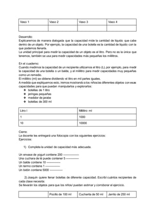 Vaso 1 Vaso 2 Vaso 3 Vaso 4
Desarrollo:
Explicaremos de manera dialogada que la capacidad mide la cantidad de líquido que cabe
dentro de un objeto. Por ejemplo, la capacidad de una botella es la cantidad de líquido con la
que podemos llenarla.
La unidad principal para medir la capacidad de un objeto es el litro. Pero no es la única que
tenemos, también se usa para medir capacidades más pequeñas los mililitros.
En el cuaderno:
Cuando medimos la capacidad de un recipiente utilizamos el litro (L), por ejemplo, para medir
la capacidad de una botella o un balde, y el mililitro para medir capacidades muy pequeñas
como un remedio.
El mililitro (ml) se obtiene dividiendo el litro en mil partes iguales.
A medida que expliquemos esto, iremos mostrando a los niños/as diferentes objetos con esas
capacidades para que puedan manipularlos y explorarlos:
❖ botellas de 1 litro
❖ jeringas pequeñas
❖ medidor de jarabe
❖ botellas de 300 ml
Litro l Mililitro ml
1 1000
10 10000
Cierre:
La docente les entregará una fotocopia con los siguientes ejercicios:
Ejercicios:
1) Completa la unidad de capacidad más adecuada.
Un envase de yogurt contiene 200 ----------------
Una cuchara de té puede contener 5 -------------
Un balde contiene 10 --------------
Un termo contiene 1 ---------------
Un bidón contiene 5000 -------------
2) Joaquín quiere llenar botellas de diferente capacidad. Escribí cuántos recipientes de
cada clase necesita:
Se llevarán los objetos para que los niños/ puedan estimar y corroborar el ejercicio.
Pocillo de 100 ml Cucharita de 50 ml Jarrito de 250 ml
 