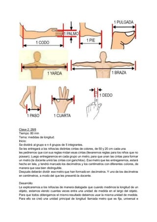 Clase 2: 28/8
Tiempo: 80 min
Tema: medidas de longitud.
Inicio:
Se dividirá al grupo e n 4 grupos de 5 integrantes.
Se les entregará a los niños/as distintas cintas de colores, de 50 y 20 cm cada una.
les pediremos que con sus reglas midan esas cintas (llevaremos reglas para los niños que no
posean). Luego entregaremos en cada grupo un metro, para que unan las cintas para formar
un metro (la docente unirá las cintas con ganchitos). Ese metro que les entregaremos, estará
hecho en tela, y tendrá marcado los decímetros y los centímetros con diferentes colores, de
manera que sea bien distinguible.
Después deberán dividir ese metro que han formado en decímetros. Y uno de los decímetros
en centímetros, a modo del que les presentó la docente.
Desarrollo:
Le explicaremos a los niños/as de manera dialogada que cuando medimos la longitud de un
objeto, estamos viendo cuantas veces entra una unidad de medida en el largo del objeto.
Para que todos obtengamos el mismo resultado debemos usar la misma unidad de medida.
Para ello se creó una unidad principal de longitud llamada metro que es fija, universal e
 