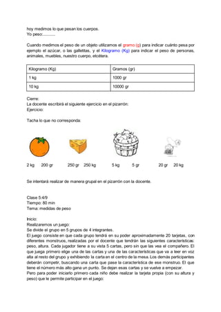 hoy medimos lo que pesan los cuerpos.
Yo peso:...........
Cuando medimos el peso de un objeto utilizamos el gramo (g) para indicar cuánto pesa por
ejemplo el azúcar, o las galletitas, y el Kilogramo (Kg) para indicar el peso de personas,
animales, muebles, nuestro cuerpo, etcétera.
Kilogramo (Kg) Gramos (gr)
1 kg 1000 gr
10 kg 10000 gr
Cierre:
La docente escribirá el siguiente ejercicio en el pizarrón:
Ejercicio:
Tacha lo que no corresponda:
2 kg 200 gr 250 gr 250 kg 5 kg 5 gr 20 gr 20 kg
Se intentará realizar de manera grupal en el pizarrón con la docente.
Clase 5:4/9
Tiempo: 80 min
Tema: medidas de peso
Inicio:
Realizaremos un juego:
Se divide el grupo en 5 grupos de 4 integrantes.
El juego consiste en que cada grupo tendrá en su poder aproximadamente 20 tarjetas, con
diferentes monstruos, realizadas por el docente que tendrán las siguientes características:
peso, altura. Cada jugador tiene a su vista 5 cartas, pero sin que las vea el compañero. El
que juega primero elige una de las cartas y una de las características que va a leer en voz
alta al resto del grupo y exhibiendo la carta en el centro de la mesa. Los demás participantes
deberán competir, buscando una carta que pase la característica de ese monstruo. El que
tiene el número más alto gana un punto. Se dejan esas cartas y se vuelve a empezar.
Pero para poder iniciarlo primero cada niño debe realizar la tarjeta propia (con su altura y
peso) que le permite participar en el juego:
 