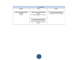 VALIDACIÓN
         Elabora:                            Avala:                                Recibe:


Mtra. Saida Mellina Villegas     Q.F.B. Elvira Eréndira Delgado        Lic. Anabella Oropeza Quintero
         Sandoval                            Becerra                  Coordinador del área de Informática
          Docente              Jefa Departamento Servicios Docentes
                                              T.M.


                                 Lic. Anabella Oropeza Quintero
                                Presidente Academia Informática y
                               Soporte y mantenimiento de equipo de
                                             cómputo




                                                 25
 