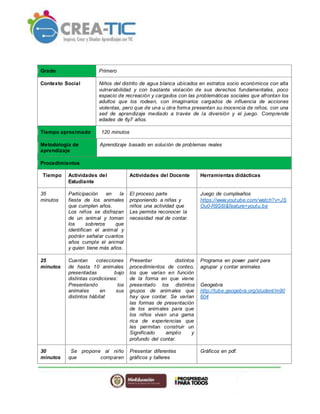 Grado Primero 
Contexto Social Niños del distrito de agua blanca ubicados en estratos socio económicos con alta 
vulnerabilidad y con bastante violación de sus derechos fundamentales, poco 
espacio de recreación y cargados con las problemáticas sociales que afrontan los 
adultos que los rodean, con imaginarios cargados de influencia de acciones 
violentas, pero que de una u otra forma presentan su inocencia de niños, con una 
sed de aprendizaje mediado a través de la diversión y el juego. Comprende 
edades de 6y7 años. 
Tiempo aproximado 120 minutos 
Metodología de 
aprendizaje 
Aprendizaje basado en solución de problemas reales 
Procedimientos 
Tiempo Actividades del 
Estudiante 
Actividades del Docente Herramientas didácticas 
35 
minutos 
Participación en la 
fiesta de los animales 
que cumplen años. 
Los niños se disfrazan 
de un animal y toman 
los sobreros que 
identifican el animal y 
podrán señalar cuantos 
años cumple el animal 
y quien tiene más años. 
El proceso parte 
proponiendo a niñas y 
niños una actividad que 
Les permita reconocer la 
necesidad real de contar. 
Juego de cumpleaños 
https://www.youtube.com/watch?v=JS 
Ou0-R9S6I&feature=youtu.be 
25 
minutos 
Cuentan colecciones 
de hasta 10 animales 
presentadas bajo 
distintas condiciones: 
Presentando los 
animales en sus 
distintos hábitat 
Presentar distintos 
procedimientos de conteo, 
los que varían en función 
de la forma en que viene 
presentado los distintos 
grupos de animales que 
hay que contar. Se varían 
las formas de presentación 
de los animales para que 
los niños vivan una gama 
rica de experiencias que 
les permitan construir un 
Significado amplio y 
profundo del contar. 
Programa en power paint para 
agrupar y contar animales 
Geogebra 
http://tube.geogebra.org/student/m90 
604 
30 
minutos 
Se propone al niño 
que comparen 
Presentar diferentes 
gráficos y talleres 
Gráficos en pdf. 
 