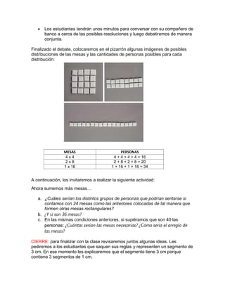  Los estudiantes tendrán unos minutos para conversar con su compañero de
banco a cerca de las posibles resoluciones y luego debatiremos de manera
conjunta.
Finalizado el debate, colocaremos en el pizarrón algunas imágenes de posibles
distribuciones de las mesas y las cantidades de personas posibles para cada
distribución:
MESAS PERSONAS
4 x 4 4 + 4 + 4 + 4 = 16
2 x 8 2 + 8 + 2 + 8 = 20
1 x 16 1 + 16 + 1 + 16 = 34
A continuación, los invitaremos a realizar la siguiente actividad:
Ahora sumemos más mesas…
a. ¿Cuáles serían los distintos grupos de personas que podrían sentarse si
contamos con 24 mesas como las anteriores colocadas de tal manera que
formen otras mesas rectangulares?
b. ¿Y si son 36 mesas?
c. En las mismas condiciones anteriores, si supiéramos que son 40 las
personas: ¿Cuántas serían las mesas necesarias? ¿Cómo sería el arreglo de
las mesas?
CIERRE: para finalizar con la clase revisaremos juntos algunas ideas. Les
pediremos a los estudiantes que saquen sus reglas y representen un segmento de
3 cm. En ese momento les explicaremos que el segmento tiene 3 cm porque
contiene 3 segmentos de 1 cm.
 