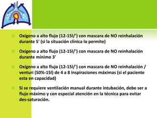 Oxígeno a alto flujo (12-15l/') con mascara de NO reinhalación durante 5' (si la situación clínica lo permite)Oxígeno a alto flujo (12-15l/') con mascara de NO reinhalación durante mínimo 3'Oxígeno a alto flujo (12-15l/') con mascara de NO reinhalación / venturi (50%-15l) de 4 a 8 inspiraciones máximas (si el paciente esta en capacidad)Si se requiere ventilación manual durante intubación, debe ser a flujo máximo y con especial atención en la técnica para evitar des-saturación. 