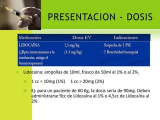 PRESENTACION - DOSISLidocaína: ampollas de 10ml, frasco de 50ml al 1% o al 2%. 1 cc = 10mg (1%)     1 cc = 20mg (2%)  Ej: para un paciente de 60 Kg, la dosis sería de 90mg. Deben administrarse 9cc de Lidocaína al 1% o 4,5cc de Lidocaína al 2%