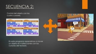 SECUENCIA 2:
Control del objeto con los
cuatro cursores.
En este programa aprendimos a mover
un objeto en 4 direcciones con los
cursores del teclado.
 