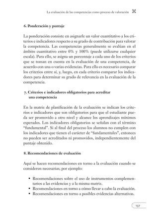 La evaluación de las competencias como proceso de valoración 
137 
6. Ponderación y puntaje 
La ponderación consiste en asignarle un valor cuantitativo a los cri-terios 
e indicadores respecto a su grado de contribución para valorar 
la competencia. Las competencias generalmente se evalúan en el 
ámbito cuantitativo entre 0% y 100% (puede utilizarse cualquier 
escala). Para ello, se asigna un porcentaje a cada uno de los criterios 
que se toman en cuenta en la evaluación de una competencia, de 
acuerdo con una o varias evidencias. Para ello es necesario comparar 
los criterios entre sí, y, luego, en cada criterio comparar los indica-dores 
para determinar su grado de relevancia en la evaluación de la 
competencia. 
7. Criterios e indicadores obligatorios para acreditar 
una competencia 
En la matriz de planifi cación de la evaluación se indican los crite-rios 
e indicadores que son obligatorios para que el estudiante pue-da 
ser promovido a otro nivel y alcance los aprendizajes mínimos 
esperados. Los indicadores obligatorios se señalan con el término 
“fundamental”. Si al fi nal del proceso los alumnos no cumplen con 
los indicadores que tienen el carácter de “fundamentales”, entonces 
no pueden ser acreditados ni promovidos, independientemente del 
puntaje obtenido. 
8. Recomendaciones de evaluación 
Aquí se hacen recomendaciones en torno a la evaluación cuando se 
consideren necesarias; por ejemplo: 
Recomendaciones sobre el uso de instrumentos complemen-tarios 
a las evidencias y a la misma matriz. 
Recomendaciones en torno a cómo llevar a cabo la evaluación. 
Recomendaciones en torno a posibles evidencias alternativas. 
• 
• 
• 
 