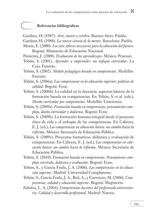 La evaluación de las competencias como proceso de valoración 
143 
Referencias bibliográfi cas 
Gardner, H. (1987). Arte, mente y cerebro. Buenos Aires: Paidós. 
Gardner, H. (1988). La nueva ciencia de la mente. Barcelona: Paidós. 
Morin, E. (2000). Los siete saberes necesarios para la educación del futuro. 
Bogotá: Ministerio de Educación Nacional. 
Pimienta, J. (2008). Evaluación de los aprendizajes. México: Pearson. 
Tobón, S. (2001). Aprender a emprender: un enfoque curricular. La 
Ceja: Funorie. 
Tobón, S. (2002). Modelo pedagógico basado en competencias. Medellín: 
Funorie. 
Tobón, S. (2006a). Las competencias en la educación superior: políticas de 
calidad. Bogotá: Ecoe. 
Tobón, S. (2006b). La calidad en la docencia: aspectos básicos de la 
formación basada en competencias. En Tobón, S. et al. (eds.), 
Diseño curricular por competencias. Medellín: Uniciencia. 
Tobón, S. (2009a). Formación basada en competencias: pensamiento com-plejo, 
diseño curricular y didáctica. Bogotá: Ecoe. 
Tobón, S. (2009b). La formación humana integral desde el proyecto 
ético de vida y el enfoque de las competencias. En Cabrera, 
E. J. (ed.), Las competencias en educación básica: un cambio hacia la 
reforma. México: Secretaría de Educación Pública. 
Tobón, S. (2009c). Proyectos formativos: didáctica y evaluación de 
competencias. En Cabrera, E. J. (ed.), Las competencias en edu-cación 
básica: un cambio hacia la reforma. México: Secretaría de 
Educación Pública. 
Tobón, S. (2010). Formación basada en competencias. Pensamiento com-plejo 
currículo, didáctica y evaluación. Bogotá: Ecoe. 
Tobón, S., y García Fraile, J. A. (2006). Las competencias en la educa-ción 
superior. Madrid: Universidad Complutense. 
Tobón, S., García Fraile, J. A., Rial, A., y Carretero, M. (2006). Com-petencias, 
calidad y educación superior. Bogotá: Magisterio. 
Zabalza, L. A. (2003). Competencias docentes del profesorado universita-rio. 
Calidad y desarrollo profesional. Madrid: Narcea. 
 