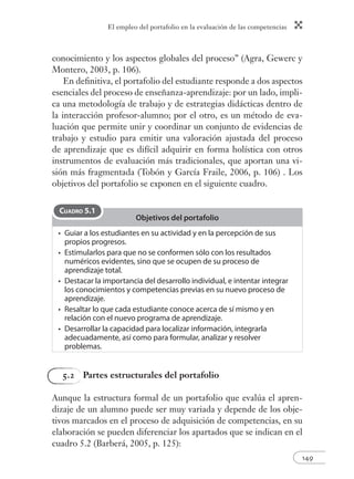 El empleo del portafolio en la evaluación de las competencias 
conocimiento y los aspectos globales del proceso” (Agra, Gewerc y 
Montero, 2003, p. 106). 
En defi nitiva, el portafolio del estudiante responde a dos aspectos 
esenciales del proceso de enseñanza-aprendizaje: por un lado, impli-ca 
una metodología de trabajo y de estrategias didácticas dentro de 
la interacción profesor-alumno; por el otro, es un método de eva-luación 
que permite unir y coordinar un conjunto de evidencias de 
trabajo y estudio para emitir una valoración ajustada del proceso 
de aprendizaje que es difícil adquirir en forma holística con otros 
instrumentos de evaluación más tradicionales, que aportan una vi-sión 
más fragmentada (Tobón y García Fraile, 2006, p. 106) . Los 
149 
objetivos del portafolio se exponen en el siguiente cuadro. 
Objetivos del portafolio 
CUADRO 5.1 
Guiar a los estudiantes en su actividad y en la percepción de sus 
propios progresos. 
Estimularlos para que no se conformen sólo con los resultados 
numéricos evidentes, sino que se ocupen de su proceso de 
aprendizaje total. 
Destacar la importancia del desarrollo individual, e intentar integrar 
los conocimientos y competencias previas en su nuevo proceso de 
aprendizaje. 
Resaltar lo que cada estudiante conoce acerca de sí mismo y en 
relación con el nuevo programa de aprendizaje. 
Desarrollar la capacidad para localizar información, integrarla 
adecuadamente, así como para formular, analizar y resolver 
problemas. 
• 
• 
• 
• 
• 
5.2 Partes estructurales del portafolio 
Aunque la estructura formal de un portafolio que evalúa el apren-dizaje 
de un alumno puede ser muy variada y depende de los obje-tivos 
marcados en el proceso de adquisición de competencias, en su 
elaboración se pueden diferenciar los apartados que se indican en el 
cuadro 5.2 (Barberá, 2005, p. 125): 
 
