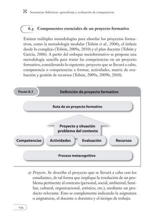 Secuencias didácticas: aprendizaje y evaluación de competencias 
FIGURA 6.1 Defi nición de proyecto formativo 
Ruta de un proyecto formativo 
Competencias Actividades Evaluación Recursos 
174 
6.3 Componentes esenciales de un proyecto formativo 
Existen múltiples metodologías para abordar los proyectos forma-tivos, 
como la metodología modular (Tobón et al., 2006), el énfasis 
desde lo complejo (Tobón, 2009a, 2010) y el plan docente (Tobón y 
García, 2006). A partir del enfoque socioformativo se propone una 
metodología sencilla para tratar las competencias en un proyecto 
formativo, considerando lo siguiente: proyecto que se llevará a cabo, 
competencia o competencias a formar, actividades, matriz de eva-luación 
y gestión de recursos (Tobón, 2009a, 2009b, 2010). 
Proyecto y situación 
problema del contexto 
Proceso metacognitivo 
a) Proyecto. Se describe el proyecto que se llevará a cabo con los 
estudiantes, de tal forma que implique la resolución de un pro-blema 
pertinente al contexto (personal, social, ambiental, fami-liar, 
cultural, organizacional, artístico, etc.), mediante un pro-ducto 
relevante. Esto se complementa indicando la asignatura 
o asignaturas, el docente o docentes y el tiempo de trabajo. 
 