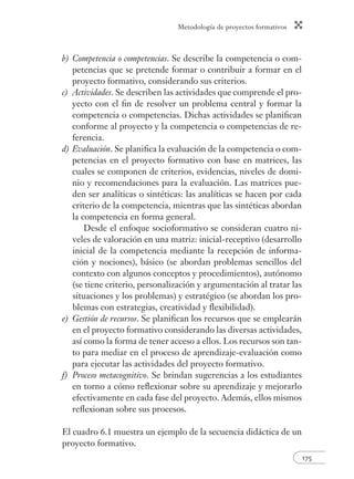 Metodología de proyectos formativos 
175 
b) Competencia o competencias. Se describe la competencia o com-petencias 
que se pretende formar o contribuir a formar en el 
proyecto formativo, considerando sus criterios. 
c) Actividades. Se describen las actividades que comprende el pro-yecto 
con el fi n de resolver un problema central y formar la 
competencia o competencias. Dichas actividades se planifi can 
conforme al proyecto y la competencia o competencias de re-ferencia. 
d) Evaluación. Se planifi ca la evaluación de la competencia o com-petencias 
en el proyecto formativo con base en matrices, las 
cuales se componen de criterios, evidencias, niveles de domi-nio 
y recomendaciones para la evaluación. Las matrices pue-den 
ser analíticas o sintéticas: las analíticas se hacen por cada 
criterio de la competencia, mientras que las sintéticas abordan 
la competencia en forma general. 
Desde el enfoque socioformativo se consideran cuatro ni-veles 
de valoración en una matriz: inicial-receptivo (desarrollo 
inicial de la competencia mediante la recepción de informa-ción 
y nociones), básico (se abordan problemas sencillos del 
contexto con algunos conceptos y procedimientos), autónomo 
(se tiene criterio, personalización y argumentación al tratar las 
situaciones y los problemas) y estratégico (se abordan los pro-blemas 
con estrategias, creatividad y fl exibilidad). 
e) Gestión de recursos. Se planifi can los recursos que se emplearán 
en el proyecto formativo considerando las diversas actividades, 
así como la forma de tener acceso a ellos. Los recursos son tan-to 
para mediar en el proceso de aprendizaje-evaluación como 
para ejecutar las actividades del proyecto formativo. 
f) Proceso metacognitivo. Se brindan sugerencias a los estudiantes 
en torno a cómo refl exionar sobre su aprendizaje y mejorarlo 
efectivamente en cada fase del proyecto. Además, ellos mismos 
refl exionan sobre sus procesos. 
El cuadro 6.1 muestra un ejemplo de la secuencia didáctica de un 
proyecto formativo. 
 