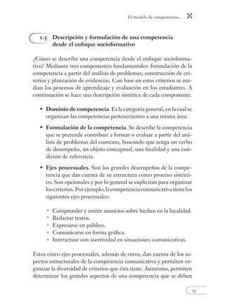 El modelo de competencias... 
13 
1.5 Descripción y formulación de una competencia 
desde el enfoque socioformativo 
¿Cómo se describe una competencia desde el enfoque socioforma-tivo? 
Mediante tres componentes fundamentales: formulación de la 
competencia a partir del análisis de problemas; construcción de cri-terios 
y planeación de evidencias. Con base en estos criterios se me-dian 
los procesos de aprendizaje y evaluación en los estudiantes. A 
continuación se hace una descripción sintética de cada componente. 
• Dominio de competencia. Es la categoría general, en la cual se 
organizan las competencias pertenecientes a una misma área. 
• Formulación de la competencia. Se describe la competencia 
que se pretende contribuir a formar o evaluar a partir del aná-lisis 
de problemas del contexto, buscando que tenga un verbo 
de desempeño, un objeto conceptual, una fi nalidad y una con-dición 
de referencia. 
• Ejes procesuales. Son los grandes desempeños de la compe-tencia 
que dan cuenta de su estructura como proceso sistémi-co. 
Son opcionales y por lo general se explicitan para organizar 
los criterios. Por ejemplo, la competencia comunicativa tiene los 
siguientes ejes procesuales: 
Comprender y emitir anuncios sobre hechos en la localidad. 
Redactar textos. 
Expresarse en público. 
Comunicarse en forma gráfi ca. 
Interactuar con asertividad en situaciones comunicativas. 
Estos cinco ejes procesuales, además de otros, dan cuenta de los as-pectos 
estructurales de la competencia comunicativa y permiten or-ganizar 
la diversidad de criterios que ésta tiene. Asimismo, permiten 
determinar los grandes aspectos de una competencia que se deben 
 