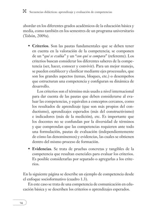 Secuencias didácticas: aprendizaje y evaluación de competencias 
14 
abordar en los diferentes grados académicos de la educación básica y 
media, como también en los semestres de un programa universitario 
(Tobón, 2009a). 
• Criterios. Son las pautas fundamentales que se deben tener 
en cuenta en la valoración de la competencia; se componen 
de un “qué se evalúa” y un “con qué se compara” (referente). Los 
criterios buscan considerar los diferentes saberes de la compe-tencia 
(ser, hacer, conocer y convivir). Para un mejor manejo, 
se pueden establecer y clasifi car mediante ejes procesuales, que 
son los grandes aspectos (temas, bloques, etc.) o desempeños 
que estructuran una competencia y confi guran su dinámica de 
desarrollo. 
Los criterios son el término más usado a nivel internacional 
para dar cuenta de las pautas que deben considerarse al eva-luar 
las competencias, y equivalen a conceptos cercanos, como 
los resultados de aprendizaje (que son más propios del con-ductismo), 
aprendizajes esperados (más del constructivismo) 
e indicadores (más de la medición), etc. Es importante que 
los docentes no se confundan por la diversidad de términos 
y que comprendan que las competencias requieren ante todo 
una formulación, pautas de evaluación (independientemente 
de cómo las denominemos) y evidencias, las cuales se obtienen 
dentro del mismo proceso de formación. 
• Evidencias. Se trata de pruebas concretas y tangibles de la 
competencia que resultan esenciales para evaluar los criterios. 
Es posible considerarlas por separado o agregarlas a los crite-rios. 
En la siguiente página se describe un ejemplo de competencia desde 
el enfoque socioformativo (cuadro 1.3). 
En este caso se trata de una competencia de comunicación en edu-cación 
básica y se describen los criterios o aprendizajes esperados. 
 