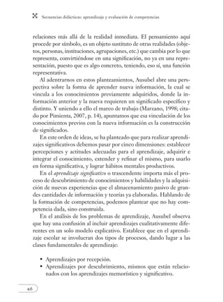 Secuencias didácticas: aprendizaje y evaluación de competencias 
46 
relaciones más allá de la realidad inmediata. El pensamiento aquí 
procede por símbolo, es un objeto sustituto de otras realidades (obje-tos, 
personas, instituciones, agrupaciones, etc.) que cambia por lo que 
representa, convirtiéndose en una signifi cación, no ya en una repre-sentación, 
puesto que es algo concreto, teniendo, eso sí, una función 
representativa. 
Al adentrarnos en estos planteamientos, Ausubel abre una pers-pectiva 
sobre la forma de aprender nueva información, la cual se 
vincula a los conocimientos previamente adquiridos, donde la in-formación 
anterior y la nueva requieren un signifi cado específi co y 
distinto. Y uniendo a ello el marco de trabajo (Marzano, 1998; cita-do 
por Pimienta, 2007, p. 14), apuntamos que esa vinculación de los 
conocimientos previos con la nueva información es la construcción 
de signifi cados. 
En este orden de ideas, se ha planteado que para realizar aprendi-zajes 
signifi cativos debemos pasar por cinco dimensiones: establecer 
percepciones y actitudes adecuadas para el aprendizaje, adquirir e 
integrar el conocimiento, extender y refi nar el mismo, para usarlo 
en forma signifi cativa, y lograr hábitos mentales productivos. 
En el aprendizaje signifi cativo o trascendente importa más el pro-ceso 
de descubrimiento de conocimientos y habilidades y la adquisi-ción 
de nuevas experiencias que el almacenamiento pasivo de gran-des 
cantidades de información y teorías ya elaboradas. Hablando de 
la formación de competencias, podemos plantear que no hay com-petencia 
dada, sino construida. 
En el análisis de los problemas de aprendizaje, Ausubel observa 
que hay una confusión al incluir aprendizajes cualitativamente dife-rentes 
en un solo modelo explicativo. Establece que en el aprendi-zaje 
escolar se involucran dos tipos de procesos, dando lugar a las 
clases fundamentales de aprendizaje: 
Aprendizajes por recepción. 
Aprendizajes por descubrimiento, mismos que están relacio-nados 
con los aprendizajes memorístico y signifi cativo. 
• 
• 
 