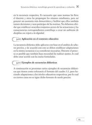 Secuencias didácticas: metodología general de aprendizaje y evaluación 
83 
en la secuencia respectiva. Es necesario que unas normas las lleve 
el docente y otras las propongan los mismos estudiantes, para así 
generar un escenario más democrático y facilitar que ellos también 
tomen decisiones y sean partícipes de las normas. No debemos olvi-dar 
que establecer acuerdos conjuntos acerca de las actuaciones y las 
consecuencias correspondientes contribuye a crear un ambiente de 
disciplina con respeto a la dignidad. 
3.10 Aplicación en el contexto educativo 
La secuencia didáctica debe aplicarse con base en el análisis de sabe-res 
previos, y de acuerdo con esto se deben establecer adaptaciones 
en la misma secuencia si se consideran necesarias. Durante el proce-so 
es posible que también haya necesidad de realizar ajustes, lo cual 
debe estar acorde con las metas formuladas. 
3.11 Ejemplos de secuencias didácticas 
A continuación se presentan varios ejemplos de secuencias didácti-cas 
que tienen como referencia el formato del cuadro 3.1, pero ha-ciendo 
adaptaciones a los niveles educativos respectivos, por lo cual 
en ciertos casos no se sigue dicho formato de modo preciso. 
 