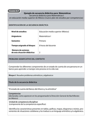 Ejemplo de secuencia didáctica para Matemáticas 
Secuencia didáctica para Matemáticas I 
CCUUAADDRROO 3 3.1.71 
en educación media superior de México (nuevo plan de estudios por competencias) 
IDENTIFICACIÓN DE LA SECUENCIA DIDÁCTICA 
Nivel de estudios: 
Asignatura: 
Semestre: 
Tiempo asignado al bloque: 
Número de sesiones 
de esta situación didáctica: 
Educación media superior (México) 
Matemáticas I 
Primero 
8 horas del docente 
2 
PROBLEMA SIGNIFICATIVO DEL CONTEXTO 
Comprender los diferentes componentes de un estado de cuenta de una persona en un 
banco para aprender a manejar este proceso en la vida real. 
Bloque I: Resuelve problemas aritméticos y algebraicos 
Título de la secuencia didáctica 
“El estado de cuenta del Banco del Ahorro y la aritmética” 
Competencias 
(declaradas como aparecen en los programasde la Dirección General de Bachillerato 
en México) 
Unidad de competencia disciplinar 
- 
venientes de situaciones cotidianas y los traduce a un lenguaje aritmético y/o algebraico. 
 
