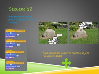 Secuencia 2
Aquí podemos mover
nuestro objeto con las 4
flechas
Aquí aprendimos a mover nuestro objeto
hacia los 4 dados