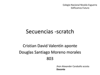 Secuencias -scratch
Cristian David Valentín aponte
Douglas Santiago Moreno morales
803
Colegio Nacional Nicolás Esguerra
Edificamos Futuro
Jhon Alexander Caraballo acosta
Docente
 