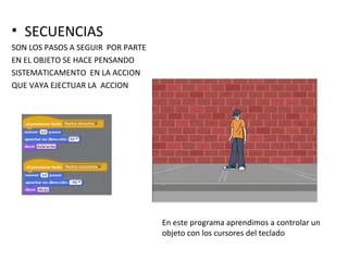 • SECUENCIAS
SON LOS PASOS A SEGUIR POR PARTE
EN EL OBJETO SE HACE PENSANDO
SISTEMATICAMENTO EN LA ACCION
QUE VAYA EJECTUAR LA ACCION
En este programa aprendimos a controlar un
objeto con los cursores del teclado