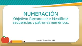 NUMERACIÓN
Objetivo: Reconocer e identificar
secuencias y patrones numéricos.
Profesora Vania Aróstica 2020
 