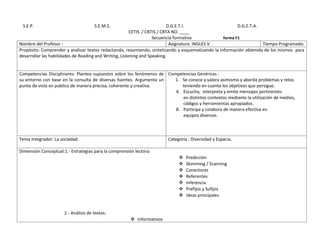 S.E.P.                               S.E.M.S.                              D.G.E.T.I.                    D.G.E.T.A.
                                                         CETIS / CBTIS / CBTA NO. ____
                                                                    Secuencia formativa            forma F1
Nombre del Profesor :                                                        Asignatura: INGLES V                    Tiempo Programado:
Propósito: Comprender y analizar textos redactando, resumiendo, sintetizando y esquematizando la información obtenida de los mismos para
desarrollar las habilidades de Reading and Writing, Listening and Speaking.


Competencias Disciplinares: Plantea supùestos sobre los fenómenos de Competencias Genéricas :
su entorno con base en la consulta de diversas fuentes. Argumenta un    1. Se conoce y valora asimismo y aborda problemas y retos
punto de vista en publico de manera precisa, coherente y creativa.         teniendo en cuenta los objetivos que persigue.
                                                                        4. Escucha, interpreta y emite mensajes pertinentes
                                                                           en distintos contextos mediante la utilización de medios,
                                                                           códigos y herramientas apropiados.
                                                                        8. Participa y colabora de manera efectiva en
                                                                           equipos diversos.



Tema Integrador: La sociedad.                                           Categoría : Diversidad y Espacio.

Dimensión Conceptual:1.- Estrategias para la comprensión lectora:
                                                                                Predicción
                                                                                Skimming / Scanning
                                                                                Conectores
                                                                                Referentes
                                                                                Inferencia
                                                                                Prefijos y Sufijos
                                                                                Ideas principales


                      2.- Análisis de textos:
                                                        Informativos
 