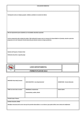 EVALUACION FORMATIVA
Participación activa en trabajos grupales. Calidad y cantidad en la solución de talleres
Plan de mejoramiento para estudiantes con necesidades educativas especiales
Lectura comprensiva sobre método de estudio. Taller adicional de repaso como un resumen de lo desarrollado en el periodo, solución a ejercicios
propuestos en la red. Evaluación Final de desarrollo para detectar avances en logros pendientes.
Nombre del Proyecto o Producto Final:
Polinomios de primer y segundo grago
PROFESOR :Rosa Nelly Carmona
SEDE EDUCATIVA: Liceo Departamental ASIGNATURA : Ciencias Naturales
TEMA: Los seres vivos se nutren Habilidades/ competencias
Comunicativas, análisis, diseño
Grado: Quinto
Periodo Escolar: Primero
Estándar Educativo: (MEN)
Identificar estructuras de los seres vivos que les permiten desarrollarse en un entorno y que puedo utilizar como criterios de clasificación.
LICEO DEPARTAMENTAL
FORMATO PLAN DE AULA
 