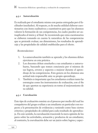 Secuencias didácticas: aprendizaje y evaluación de competencias
130
4.5.1 Autoevaluación
Es realizada por el estudiante mismo con pautas entregadas por el fa-
cilitador (mediador). Al respecto, es de mucha utilidad elaborar cues-
tionarios con ítems cualitativos y cuantitativos para que los alumnos
valoren la formación de sus competencias, los cuales pueden ser au-
toaplicados al inicio y al ﬁnal. Se recomienda que estos cuestionarios
se elaboren tomando en cuenta la naturaleza de las competencias
que se pretende evaluar, sus dimensiones, los resultados de aprendi-
zaje y las propiedades de calidad establecidas para el efecto.
Recomendaciones:
1. La autoevaluación también se aprende y los alumnos deben
ejercitarse en esta práctica.
2. Los docentes deben enseñarles a sus estudiantes a autoeva-
luarse, buscando que tomen conciencia por sí mismos de
sus logros, errores y aspectos a mejorar durante el apren-
dizaje de las competencias. Esto genera en los alumnos una
actitud más responsable ante su propio aprendizaje.
3. También es importante que los estudiantes evalúen tanto las
estrategias como los instrumentos de evaluación, con el ﬁn
de que aporten su experiencia en torno al mejoramiento de
su calidad.
4.5.2 Coevaluación
Este tipo de evaluación consiste en el proceso por medio del cual los
compañeros del grupo evalúan a un estudiante en particular con res-
pecto a la presentación de evidencias y teniendo como base ciertos
criterios y propiedades de calidad para cada resultado de aprendiza-
je. En este sentido, la coevaluación trasciende la mera opinión de los
pares sobre las actividades, actuación y productos de un estudiante;
al contrario, la coevaluación debe ser un juicio sobre logros y aspec-
 