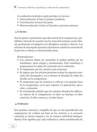 Secuencias didácticas: aprendizaje y evaluación de competencias
134
La evaluación atendiendo a quién participa en el proceso:
Autoevaluación: la hace el propio estudiante.
Coevaluación: la hacen los pares.
Heteroevaluación: la hace el docente o personas externas.
3. Criterios
Son las pautas o parámetros que dan cuenta de la competencia y po-
sibilitan valorarla de acuerdo con los retos del contexto social, labo-
ral, profesional, investigativo y/o disciplinar actuales y futuros. Los
criterios de desempeño permiten determinar cuándo la actuación de
la persona es idónea en determinadas áreas.
Recomendaciones:
Los criterios deben ser sometidos al análisis público de los
estudiantes, otros colegas y profesionales. Esto contribuye a
proporcionar la validez de contenido de la evaluación.
Es importante que los criterios sean concretos.
Se sugiere que los criterios permitan evaluar los aspectos esen-
ciales del desempeño y no se limiten al abordaje de todos los
detalles de la competencia.
Es importante que los criterios se reﬁeran a las grandes fases
de la competencia, en lo que respecta a la planeación, ejecu-
ción y evaluación.
Se recomienda también que los criterios aborden los diferen-
tes saberes de la competencia: el saber ser (incluye el saber
convivir), el saber conocer y el saber hacer.
4. Evidencias
Son pruebas concretas y tangibles de que se está aprendiendo una
competencia. Se evalúan con base en los criterios, y es necesario
valorarlas en forma integral y no de manera individual (indepen-
diente). Esto signiﬁca que cada evidencia se valora considerando las
•
•
•
•
•
•
•
•
 