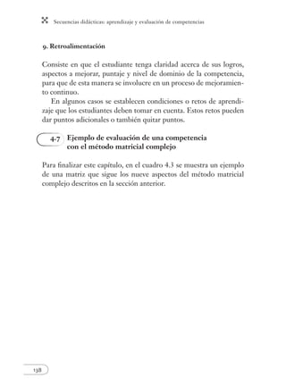 Secuencias didácticas: aprendizaje y evaluación de competencias
138
9. Retroalimentación
Consiste en que el estudiante tenga claridad acerca de sus logros,
aspectos a mejorar, puntaje y nivel de dominio de la competencia,
para que de esta manera se involucre en un proceso de mejoramien-
to continuo.
En algunos casos se establecen condiciones o retos de aprendi-
zaje que los estudiantes deben tomar en cuenta. Estos retos pueden
dar puntos adicionales o también quitar puntos.
4.7 Ejemplo de evaluación de una competencia
con el método matricial complejo
Para ﬁnalizar este capítulo, en el cuadro 4.3 se muestra un ejemplo
de una matriz que sigue los nueve aspectos del método matricial
complejo descritos en la sección anterior.
 