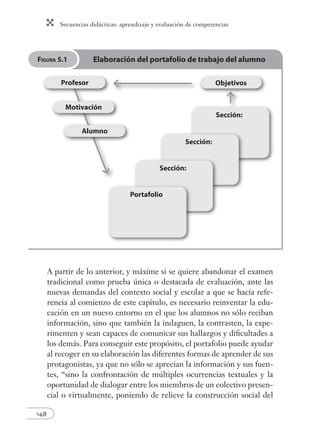 Secuencias didácticas: aprendizaje y evaluación de competencias
148
A partir de lo anterior, y máxime si se quiere abandonar el examen
tradicional como prueba única o destacada de evaluación, ante las
nuevas demandas del contexto social y escolar a que se hacía refe-
rencia al comienzo de este capítulo, es necesario reinventar la edu-
cación en un nuevo entorno en el que los alumnos no sólo reciban
información, sino que también la indaguen, la contrasten, la expe-
rimenten y sean capaces de comunicar sus hallazgos y diﬁcultades a
los demás. Para conseguir este propósito, el portafolio puede ayudar
al recoger en su elaboración las diferentes formas de aprender de sus
protagonistas, ya que no sólo se aprecian la información y sus fuen-
tes, “sino la confrontación de múltiples ocurrencias textuales y la
oportunidad de dialogar entre los miembros de un colectivo presen-
cial o virtualmente, poniendo de relieve la construcción social del
Sección:
FIGURA 5.1 Elaboración del portafolio de trabajo del alumno
Profesor
Motivación
Alumno
Objetivos
Sección:
Sección:
Portafolio
 