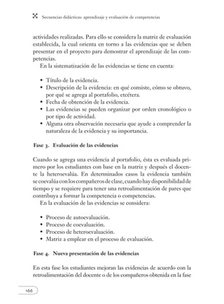 Secuencias didácticas: aprendizaje y evaluación de competencias
166
actividades realizadas. Para ello se considera la matriz de evaluación
establecida, la cual orienta en torno a las evidencias que se deben
presentar en el proyecto para demostrar el aprendizaje de las com-
petencias.
En la sistematización de las evidencias se tiene en cuenta:
Título de la evidencia.
Descripción de la evidencia: en qué consiste, cómo se obtuvo,
por qué se agrega al portafolio, etcétera.
Fecha de obtención de la evidencia.
Las evidencias se pueden organizar por orden cronológico o
por tipo de actividad.
Alguna otra observación necesaria que ayude a comprender la
naturaleza de la evidencia y su importancia.
Fase 3. Evaluación de las evidencias
Cuando se agrega una evidencia al portafolio, ésta es evaluada pri-
mero por los estudiantes con base en la matriz y después el docen-
te la heteroevalúa. En determinados casos la evidencia también
secoevalúaconloscompañerosdeclase,cuandohaydisponibilidadde
tiempo y se requiere para tener una retroalimentación de pares que
contribuya a formar la competencia o competencias.
En la evaluación de las evidencias se considera:
Proceso de autoevaluación.
Proceso de coevaluación.
Proceso de heteroevaluación.
Matriz a emplear en el proceso de evaluación.
Fase 4. Nueva presentación de las evidencias
En esta fase los estudiantes mejoran las evidencias de acuerdo con la
retroalimentación del docente o de los compañeros obtenida en la fase
•
•
•
•
•
•
•
•
•
 