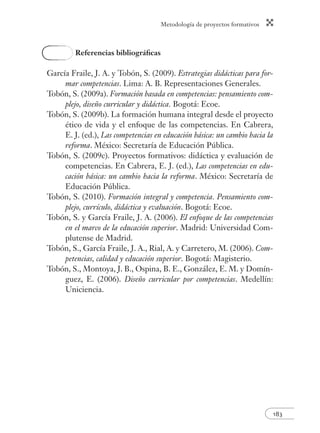 Metodología de proyectos formativos
183
Referencias bibliográﬁcas
García Fraile, J. A. y Tobón, S. (2009). Estrategias didácticas para for-
mar competencias. Lima: A. B. Representaciones Generales.
Tobón, S. (2009a). Formación basada en competencias: pensamiento com-
plejo, diseño curricular y didáctica. Bogotá: Ecoe.
Tobón, S. (2009b). La formación humana integral desde el proyecto
ético de vida y el enfoque de las competencias. En Cabrera,
E. J. (ed.), Las competencias en educación básica: un cambio hacia la
reforma. México: Secretaría de Educación Pública.
Tobón, S. (2009c). Proyectos formativos: didáctica y evaluación de
competencias. En Cabrera, E. J. (ed.), Las competencias en edu-
cación básica: un cambio hacia la reforma. México: Secretaría de
Educación Pública.
Tobón, S. (2010). Formación integral y competencia. Pensamiento com-
plejo, currículo, didáctica y evaluación. Bogotá: Ecoe.
Tobón, S. y García Fraile, J. A. (2006). El enfoque de las competencias
en el marco de la educación superior. Madrid: Universidad Com-
plutense de Madrid.
Tobón, S., García Fraile, J. A., Rial, A. y Carretero, M. (2006). Com-
petencias, calidad y educación superior. Bogotá: Magisterio.
Tobón, S., Montoya, J. B., Ospina, B. E., González, E. M. y Domín-
guez, E. (2006). Diseño curricular por competencias. Medellín:
Uniciencia.
 