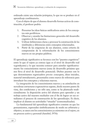 Secuencias didácticas: aprendizaje y evaluación de competencias
50
ordenado existe una relación jerárquica, lo que no se produce en el
aprendizaje combinatorio.
Con el objeto de que el alumno desarrolle formas activas de cons-
trucción, el profesor podría:
1. Presentar las ideas básicas uniﬁcadoras antes de los concep-
tos más periféricos.
2. Observar y atender las limitaciones generales del desarrollo
cognitivo de los alumnos.
3. Utilizar deﬁniciones claras y provocar la construcción de las
similitudes y diferencias entre conceptos relacionados.
4. Partir de las exigencias de sus alumnos, como criterio de
comprensión de la reformulación de los conocimientos
nuevos en sus propias palabras.
El aprendizaje signiﬁcativo se favorece con los “puentes cognitivos”
entre lo que el sujeto ya conoce (que es el nivel de desarrollo real
vygotskyano) y lo que necesita conocer para asimilar signiﬁcativa-
mente los conocimientos nuevos (zona de desarrollo próximo que
nos lleva al nivel de desarrollo potencial). Dichos puentes son lo
que denominamos organizadores previos: conceptos, ideas iniciales,
material introductorio, presentados como marco de referencia para
introducir los conceptos y relaciones nuevos.
La integración de los conocimientos nuevos y su asimilación en
novedosas estructuras cognoscitivas supone, desde nuestro punto de
vista, dos condiciones y no sólo una, como se ha planteado tradi-
cionalmente: la disposición activa del alumno para aprender y un
trabajo activo del maestro mediador con el ﬁn de lograr en sus es-
tudiantes el proceso de construcción de los aprendizajes. Es decir,
implicar al alumno en actividades “situadas” (contextualizadas).
Lo fundamental del aprendizaje signiﬁcativo consiste en que los
pensamientos, expresados simbólicamente de modo no arbitrario y
objetivo, se unen con los conocimientos ya existentes en el sujeto, en
un proceso activo y personal (Ausubel, 1976):
 