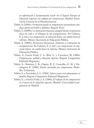 Bases teóricas y ﬁlosóﬁcas de la formación de las competencias
57
en información y documentación acorde con el Espacio Europeo de
Educación Superior: un enfoque por competencias. Madrid: Facul-
tad de Ciencias de la Documentación.
Tobón, S. (2009a). Formación basada en competencias: pensamiento com-
plejo, diseño curricular y didáctica. Bogotá: Ecoe.
Tobón, S. (2009b). La formación humana integral desde el proyecto
ético de vida y el enfoque de las competencias. En Cabrera,
E. J. (ed.), Las competencias en educación básica: un cambio hacia la
reforma. México: Secretaría de Educación Pública.
Tobón, S. (2009c). Proyectos formativos: didáctica y evaluación de
competencias. En Cabrera, E. J. (ed.), Las competencias en edu-
cación básica: un cambio hacia la reforma. México: Secretaría de
Educación Pública.
Tobón, S., García Fraile, J. A., Rial, A., y Carretero, M. (2006).
Competencias, calidad y educación superior. Bogotá: Cooperativa
Editorial Magisterio.
Tobón, S., Montoya, J. B., Ospina, B. E., González, E. M. y Do-
mínguez, E. (2006). Diseño curricular por competencias. Mede-
llín: Uniciencia.
Tobón, S. y Fernández, J. L. (2004). Saberes para vivir plenamente en
familia. Bogotá: Cooperativa Editorial Magisterio.
Tobón, S., y García Fraile, J. A. (2006). El enfoque de las competencias
en el marco de la educación superior. Madrid: Universidad Com-
plutense de Madrid.
 