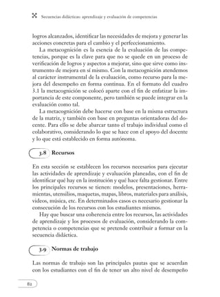 Secuencias didácticas: aprendizaje y evaluación de competencias
82
logros alcanzados, identiﬁcar las necesidades de mejora y generar las
acciones concretas para el cambio y el perfeccionamiento.
La metacognición es la esencia de la evaluación de las compe-
tencias, porque es la clave para que no se quede en un proceso de
veriﬁcación de logros y aspectos a mejorar, sino que sirve como ins-
trumento de mejora en sí mismo. Con la metacognición atendemos
al carácter instrumental de la evaluación, como recurso para la me-
jora del desempeño en forma continua. En el formato del cuadro
3.1 la metacognición se colocó aparte con el ﬁn de enfatizar la im-
portancia de este componente, pero también se puede integrar en la
evaluación como tal.
La metacognición debe hacerse con base en la misma estructura
de la matriz, y también con base en preguntas orientadoras del do-
cente. Para ello se debe abarcar tanto el trabajo individual como el
colaborativo, considerando lo que se hace con el apoyo del docente
y lo que está establecido en forma autónoma.
3.8 Recursos
En esta sección se establecen los recursos necesarios para ejecutar
las actividades de aprendizaje y evaluación planeadas, con el ﬁn de
identiﬁcar qué hay en la institución y qué hace falta gestionar. Entre
los principales recursos se tienen: modelos, presentaciones, herra-
mientas, utensilios, maquetas, mapas, libros, materiales para análisis,
videos, música, etc. En determinados casos es necesario gestionar la
consecución de los recursos con los estudiantes mismos.
Hay que buscar una coherencia entre los recursos, las actividades
de aprendizaje y los procesos de evaluación, considerando la com-
petencia o competencias que se pretende contribuir a formar en la
secuencia didáctica.
3.9 Normas de trabajo
Las normas de trabajo son las principales pautas que se acuerdan
con los estudiantes con el ﬁn de tener un alto nivel de desempeño
 