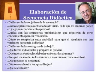 Elaboración de
Secuencia Didáctica
• ¿Cuáles serán los objetivos de la secuencia?
• ¿Cómo se plantean las actividades de inicio, en la que los alumnos ponen
en juego sus conocimientos previos?
• ¿Cuáles son las situaciones problemáticas que requieren de otros
conocimientos para su resolución?
• ¿Cómo se complejiza cada actividad para que el resultado sea una
verdadera secuencia didáctica?
• ¿Cuáles serán las consignas de trabajo?
• ¿Qué tareas individuales y grupales se prevén?
• ¿Qué nuevos obstáculos deberán enfrentar los alumnos?
• ¿Por qué vía accederán los alumnos a esos nuevos conocimientos?
• ¿Qué recursos se necesitan?
• ¿Cómo se evaluarán los aprendizajes?
• ¿Qué se evaluará?
 