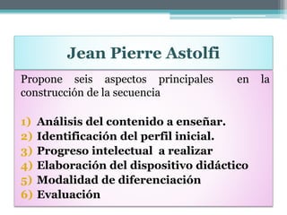 Jean Pierre Astolfi
Propone seis aspectos principales en la
construcción de la secuencia
1) Análisis del contenido a enseñar.
2) Identificación del perfil inicial.
3) Progreso intelectual a realizar
4) Elaboración del dispositivo didáctico
5) Modalidad de diferenciación
6) Evaluación
 