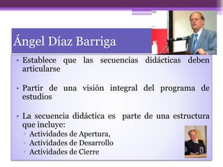 Ángel Díaz Barriga
• Establece que las secuencias didácticas deben
articularse
• Partir de una visión integral del programa de
estudios
• La secuencia didáctica es parte de una estructura
que incluye:
▫ Actividades de Apertura,
▫ Actividades de Desarrollo
▫ Actividades de Cierre
 