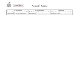Planeación Didáctica
De recuperación De fortalecimiento De inclusión
Prueba pedagógica de segunda oportunidad
para los alumnos con bajo rendimiento.
Resolución del problemario proporcionado
por el docente.
Actividades grupales para la elaboración de
actividades de clase.
 