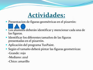 Actividades:
 Presentacion de figuras geométricas en el pizarrón:

 Los alumnos deberán identificar y mencionar cada una de
  las figuras.
 Identificar los diferentes tamaños de las figuras
  presentadas en el pizarrón.
 Aplicación del programa TuxPaint.
 Según el tamaño deberá pintar las figuras geometricas:
  -Grande: rojo
  -Mediano: azul
  -Chico: amarillo
 