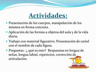 Actividades:
 Presentación de los cuerpos, manipulación de los
  mismos en forma concreta.
 Aplicación de las formas a objetos del aula y de la vida
  diaria.
 Trabajo con material figurativo. Presentación de cartel
  con el nombre de cada figura.
 Preguntas : ¿ qué es esto? Respuestas en lengua de
  señas, lengua labial, repeticion, corrección de
  articulación.
 