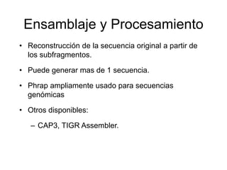 Ensamblaje y Procesamiento
• Reconstrucción de la secuencia original a partir de
los subfragmentos.
• Puede generar mas de 1 secuencia.
• Phrap ampliamente usado para secuencias
genómicas
• Otros disponibles:
– CAP3, TIGR Assembler.
 
