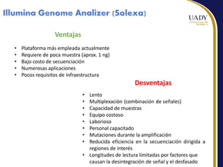 Ventajas
• Plataforma más empleada actualmente
• Requiere de poca muestra (aprox. 1 ng)
• Bajo costo de secuenciación
• Numerosas aplicaciones
• Pocos requisitos de infraestructura
Desventajas
• Lento
• Multiplexación (combinación de señales)
• Capacidad de muestras
• Equipo costoso
• Laborioso
• Personal capacitado
• Mutaciones durante la amplificación
• Reducida eficiencia en la secuenciación dirigida a
regiones de interés
• Longitudes de lectura limitadas por factores que
causan la desintegración de señal y el desfasado
 