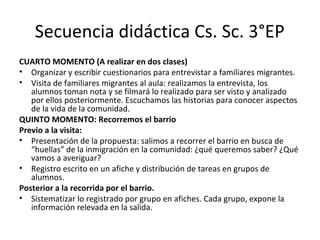 Secuencia didáctica Cs. Sc. 3°EP
CUARTO MOMENTO (A realizar en dos clases)
• Organizar y escribir cuestionarios para entrevistar a familiares migrantes.
• Visita de familiares migrantes al aula: realizamos la entrevista, los
alumnos toman nota y se filmará lo realizado para ser visto y analizado
por ellos posteriormente. Escuchamos las historias para conocer aspectos
de la vida de la comunidad.
QUINTO MOMENTO: Recorremos el barrio
Previo a la visita:
• Presentación de la propuesta: salimos a recorrer el barrio en busca de
“huellas” de la inmigración en la comunidad: ¿qué queremos saber? ¿Qué
vamos a averiguar?
• Registro escrito en un afiche y distribución de tareas en grupos de
alumnos.
Posterior a la recorrida por el barrio.
• Sistematizar lo registrado por grupo en afiches. Cada grupo, expone la
información relevada en la salida.
 