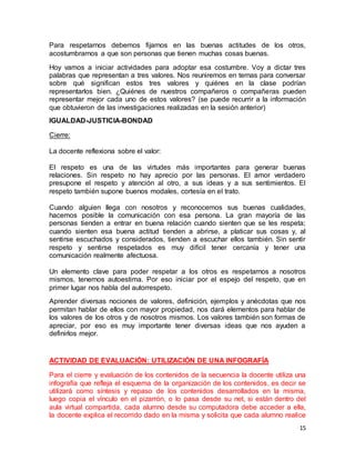 Para respetarnos debemos fijarnos en las buenas actitudes de los otros, 
acostumbrarnos a que son personas que tienen muchas cosas buenas. 
Hoy vamos a iniciar actividades para adoptar esa costumbre. Voy a dictar tres 
palabras que representan a tres valores. Nos reuniremos en ternas para conversar 
sobre qué significan estos tres valores y quiénes en la clase podrían 
representarlos bien. ¿Quiénes de nuestros compañeros o compañeras pueden 
representar mejor cada uno de estos valores? (se puede recurrir a la información 
que obtuvieron de las investigaciones realizadas en la sesión anterior) 
15 
IGUALDAD-JUSTICIA-BONDAD 
Cierre: 
La docente reflexiona sobre el valor: 
El respeto es una de las virtudes más importantes para generar buenas 
relaciones. Sin respeto no hay aprecio por las personas. El amor verdadero 
presupone el respeto y atención al otro, a sus ideas y a sus sentimientos. El 
respeto también supone buenos modales, cortesía en el trato. 
Cuando alguien llega con nosotros y reconocemos sus buenas cualidades, 
hacemos posible la comunicación con esa persona. La gran mayoría de las 
personas tienden a entrar en buena relación cuando sienten que se les respeta; 
cuando sienten esa buena actitud tienden a abrirse, a platicar sus cosas y, al 
sentirse escuchados y considerados, tienden a escuchar ellos también. Sin sentir 
respeto y sentirse respetados es muy difícil tener cercanía y tener una 
comunicación realmente afectuosa. 
Un elemento clave para poder respetar a los otros es respetarnos a nosotros 
mismos, tenernos autoestima. Por eso iniciar por el espejo del respeto, que en 
primer lugar nos habla del autorrespeto. 
Aprender diversas nociones de valores, definición, ejemplos y anécdotas que nos 
permitan hablar de ellos con mayor propiedad, nos dará elementos para hablar de 
los valores de los otros y de nosotros mismos. Los valores también son formas de 
apreciar, por eso es muy importante tener diversas ideas que nos ayuden a 
definirlos mejor. 
ACTIVIDAD DE EVALUACIÓN: UTILIZACIÓN DE UNA INFOGRAFÍA 
Para el cierre y evaluación de los contenidos de la secuencia la docente utiliza una 
infografía que refleja el esquema de la organización de los contenidos, es decir se 
utilizará como síntesis y repaso de los contenidos desarrollados en la misma, 
luego copia el vínculo en el pizarrón, o lo pasa desde su net, si están dentro del 
aula virtual compartida, cada alumno desde su computadora debe acceder a ella, 
la docente explica el recorrido dado en la misma y solicita que cada alumno realice 
 