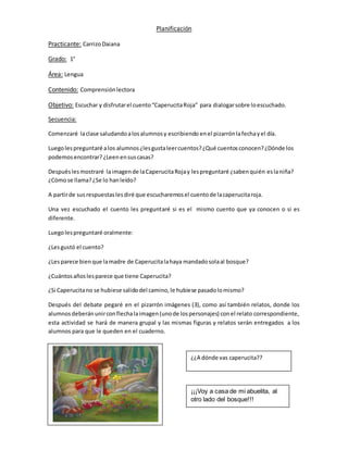 Planificación
Practicante: CarrizoDaiana
Grado: 1°
Área: Lengua
Contenido: Comprensiónlectora
Objetivo: Escuchar y disfrutarel cuento“CaperucitaRoja” para dialogarsobre loescuchado.
Secuencia:
Comenzaré laclase saludandoalosalumnosy escribiendo enel pizarrónlafechayel día.
Luegolespreguntaré alos alumnos¿lesgustaleercuentos?¿Qué cuentosconocen?¿Dónde los
podemosencontrar? ¿Leenensuscasas?
Despuéslesmostraré laimagende laCaperucitaRojay lespreguntaré ¿sabenquién eslaniña?
¿Cómose llama?¿Se lo hanleído?
A partirde susrespuestaslesdiré que escucharemosel cuentode lacaperucitaroja.
Una vez escuchado el cuento les preguntaré si es el mismo cuento que ya conocen o si es
diferente.
Luegolespreguntaré oralmente:
¿Lesgustó el cuento?
¿Lesparece bienque lamadre de Caperucitalahaya mandadosolaal bosque?
¿Cuántosañoslesparece que tiene Caperucita?
¿Si Caperucitano se hubiese salidodel camino,le hubiese pasadolomismo?
Después del debate pegaré en el pizarrón imágenes (3), como así también relatos, donde los
alumnosdeberán unirconflechalaimagen(unode lospersonajes) conel relato correspondiente,
esta actividad se hará de manera grupal y las mismas figuras y relatos serán entregados a los
alumnos para que le queden en el cuaderno.
¿¿A dónde vas caperucita??
¡¡¡Voy a casa de mi abuelita, al
otro lado del bosque!!!
 